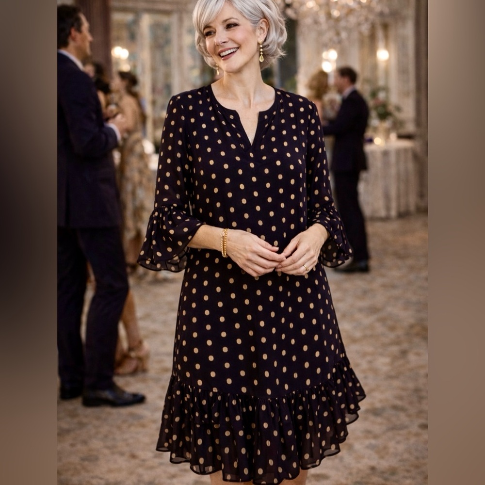 Crown & Ivy Elegant Black and Metallic Gold Polka Dot Dress Size M